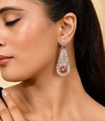 Silver-plated red stone drop earrings with american diamond