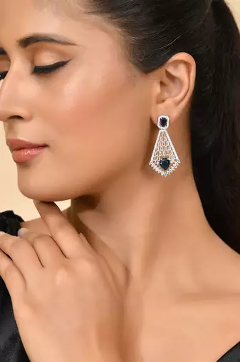 Silver-plated blue stone drop earrings with american diamond