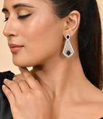 Silver-plated blue stone drop earrings with american diamond