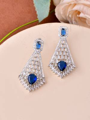 Silver-plated blue stone drop earrings with american diamond 2
