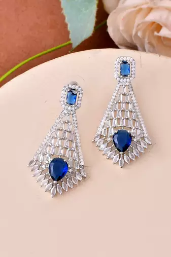 Silver-plated blue stone drop earrings with american diamond