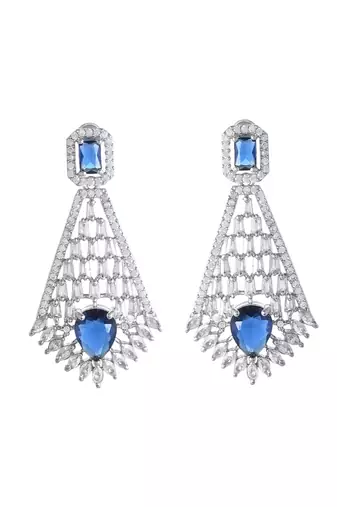 Silver-plated blue stone drop earrings with american diamond