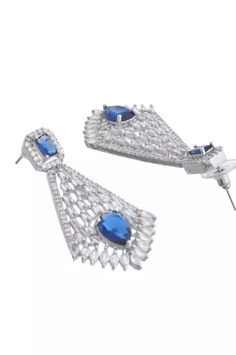 Silver-plated blue stone drop earrings with american diamond