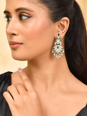 Silver-plated green & white american diamond  chandelier earrings 1