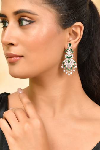 Silver-plated green & white american diamond  chandelier earrings