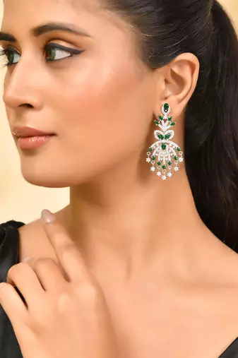 Silver-plated green & white american diamond  chandelier earrings