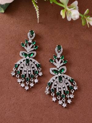 Silver-plated green & white american diamond  chandelier earrings 2