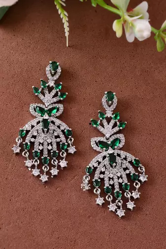 Silver-plated green & white american diamond  chandelier earrings