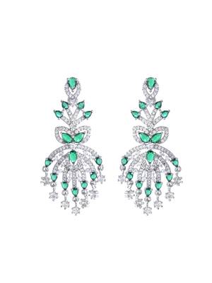Silver-plated green & white american diamond  chandelier earrings 3