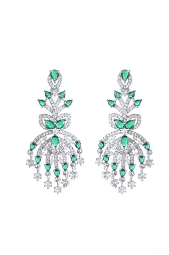 Silver-plated green & white american diamond  chandelier earrings