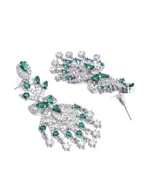 Silver-plated green & white american diamond  chandelier earrings 4