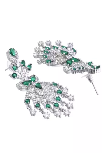 Silver-plated green & white american diamond  chandelier earrings