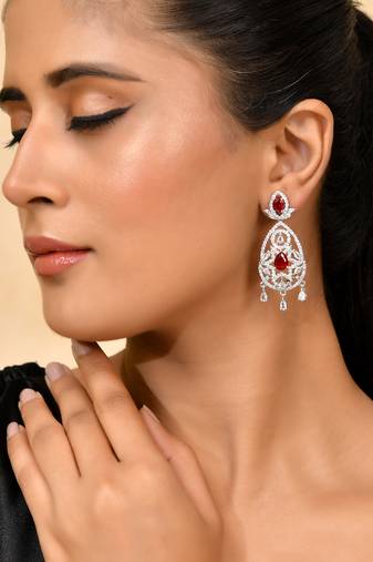 Silver-plated red stone studded drop earrings