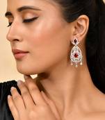 Silver-plated red stone studded drop earrings