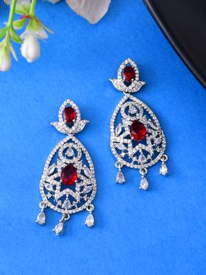 Silver-plated red stone studded drop earrings 2