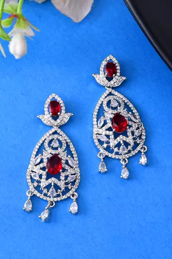 Silver-plated red stone studded drop earrings