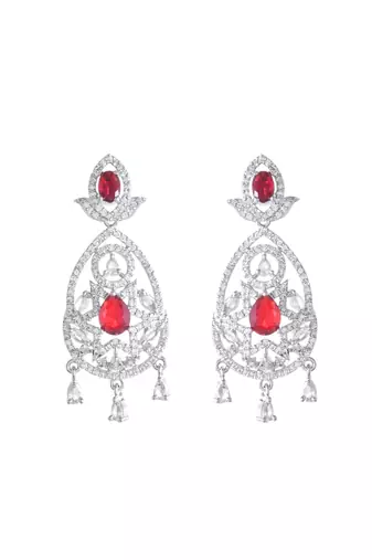 Silver-plated red stone studded drop earrings