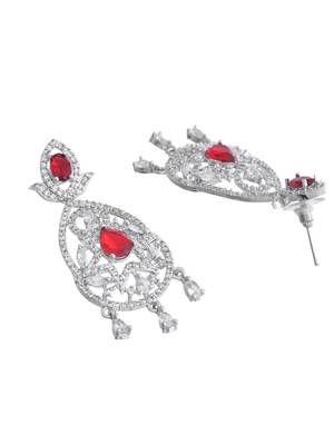 Silver-plated red stone studded drop earrings 4