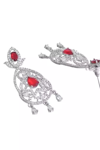 Silver-plated red stone studded drop earrings