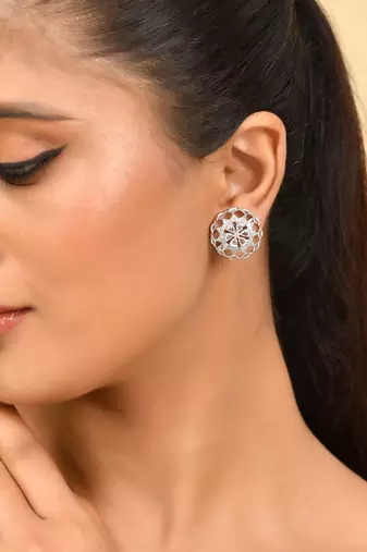 Silver-toned floral ad stud earrings