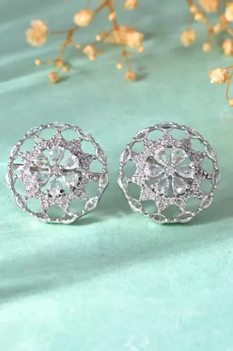 Silver-toned floral ad stud earrings