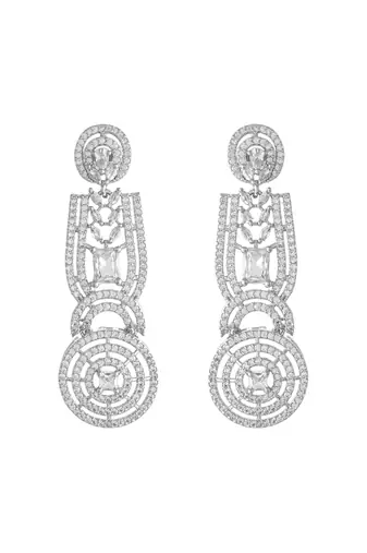 Silver-plated circular statement earrings with american diamonds