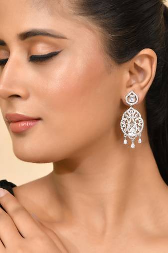 Silver-plated american diamond  floral statement earrings