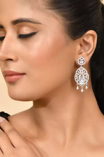 Silver-plated american diamond  floral statement earrings