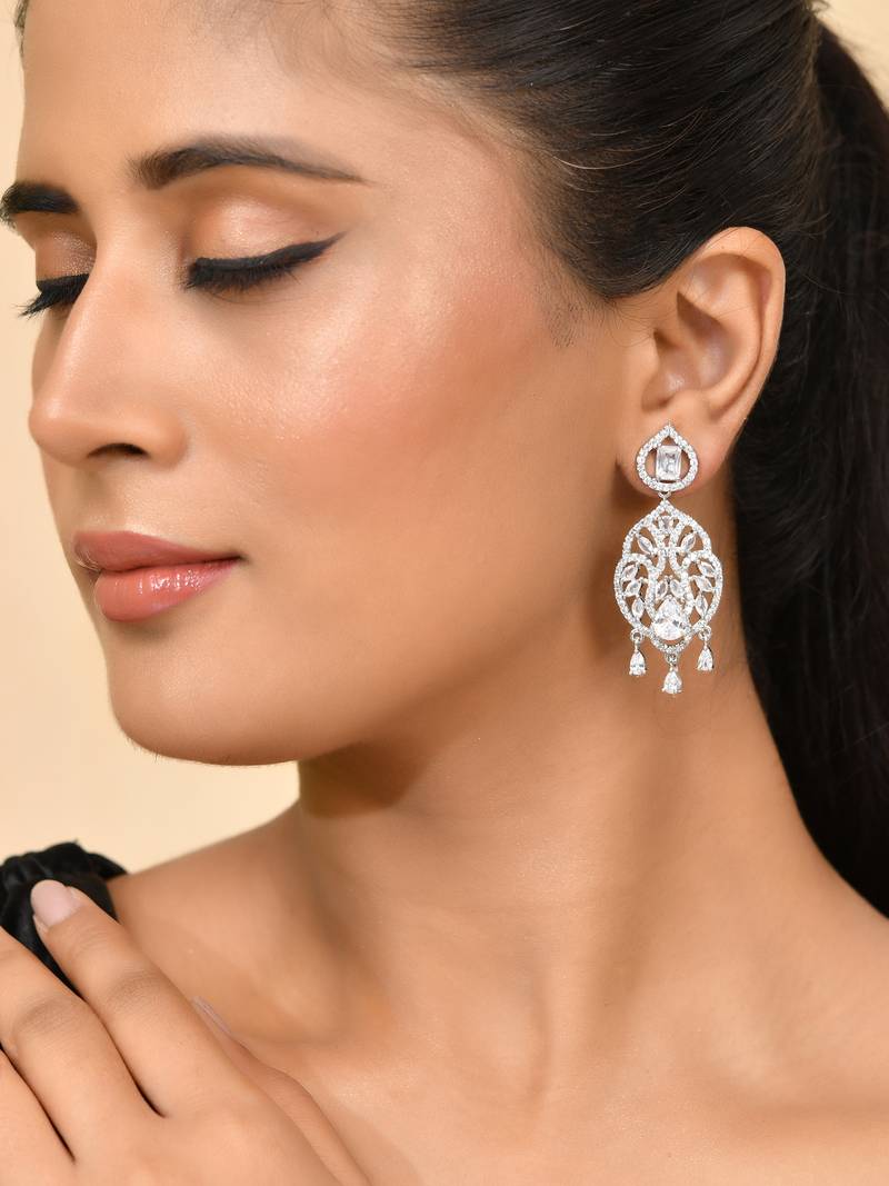 Silver-plated american diamond  floral statement earrings