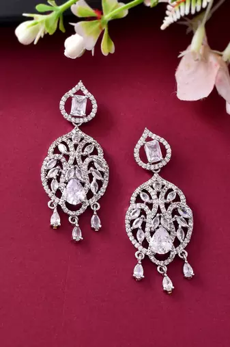 Silver-plated american diamond  floral statement earrings