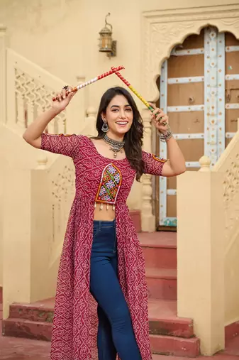 Red faux georgette bandhani printed long kurti with kutchi patchwork – stitched ethnic jacket style