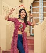 Red faux georgette bandhani printed long kurti with kutchi patchwork     stitched ethnic jacket style