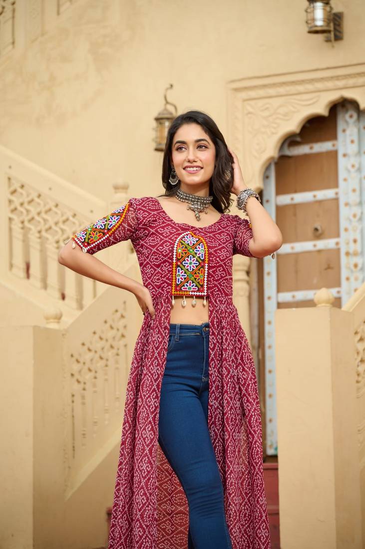 Red faux georgette bandhani printed long kurti with kutchi patchwork     stitched ethnic jacket style