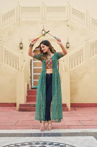 Green bandhani print faux georgette jacket style kurti with traditional kutchi patchwork     fully stitched
