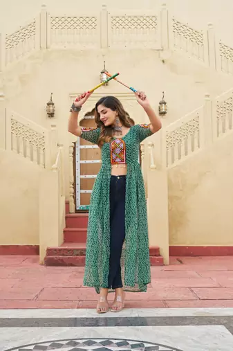 Green bandhani print faux georgette jacket style kurti with traditional kutchi patchwork – fully stitched
