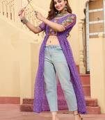 Purple faux georgette bandhani jacket kurti with kutchi patch embroidery     ethnic fusion wear