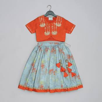 Orange hand embroidered blouse with grey geometrical printed ghagara set for girls 1