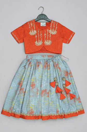 Orange hand embroidered blouse with grey geometrical printed ghagara set for girls