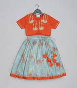 Orange hand embroidered blouse with grey geometrical printed ghagara set for girls