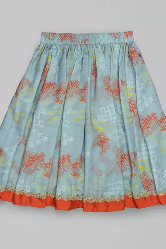 Orange hand embroidered blouse with grey geometrical printed ghagara set for girls