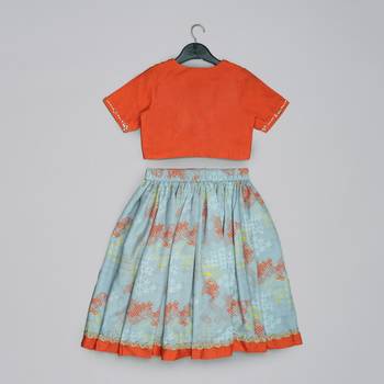Orange hand embroidered blouse with grey geometrical printed ghagara set for girls 3