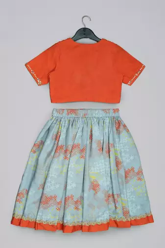 Orange hand embroidered blouse with grey geometrical printed ghagara set for girls