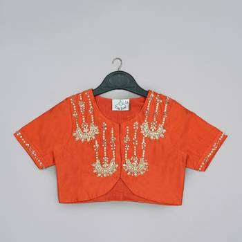 Orange hand embroidered blouse with grey geometrical printed ghagara set for girls 4