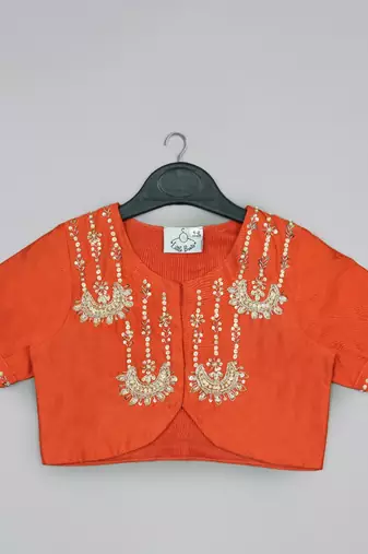 Orange hand embroidered blouse with grey geometrical printed ghagara set for girls