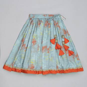 Orange hand embroidered blouse with grey geometrical printed ghagara set for girls 5