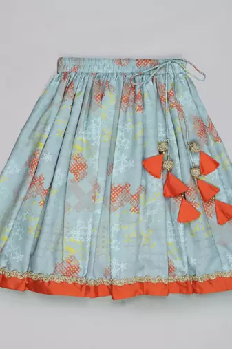 Orange hand embroidered blouse with grey geometrical printed ghagara set for girls
