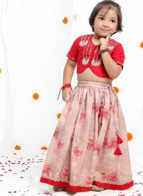 Redish hand embroidered blouse with beidge geometrical printed ghagara set  for girls 1