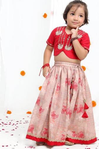 Redish hand embroidered blouse with beidge geometrical printed ghagara set  for girls