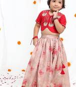 Redish hand embroidered blouse with beidge geometrical printed ghagara set  for girls