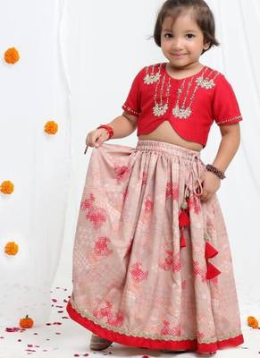 Redish hand embroidered blouse with beidge geometrical printed ghagara set  for girls 2